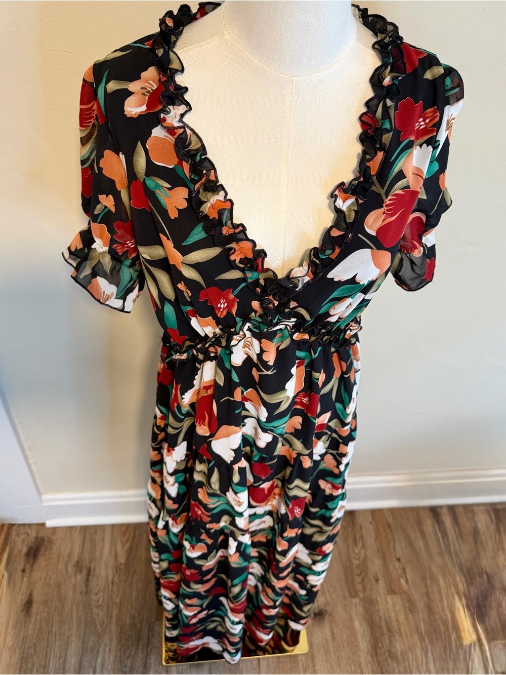 Floral Ruffle V-Neck Maxi Dress in Black with Red & Green Accents